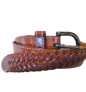 Womens Brown Italian Leather Belt With Braided End Made In Turkey Vintage Sz M